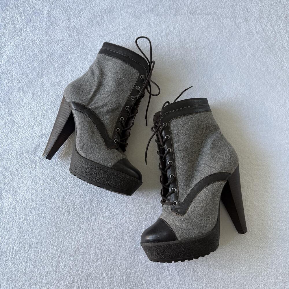 Platform Boots Womens Size 6 Gray Lace Up Ankle Cap Toe Cone High Heel Booties
